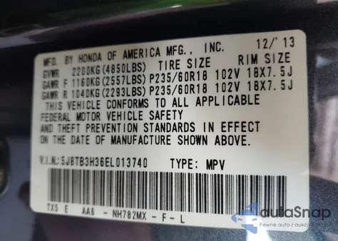 2014 Acura Rdx z USA, uszkodzony, nr VIN 5J8TB3H36EL013740